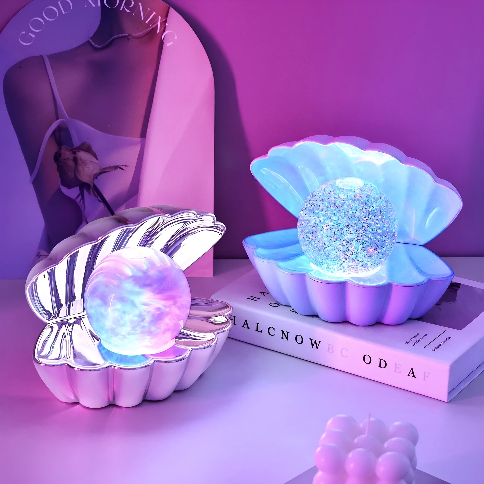 Shell-shaped neon night lamp measuring 15 by 18cm with battery power for cordless decorative lighting