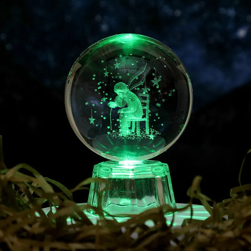 White crystal ball ornament with inner carving on fixed base for tabletop display