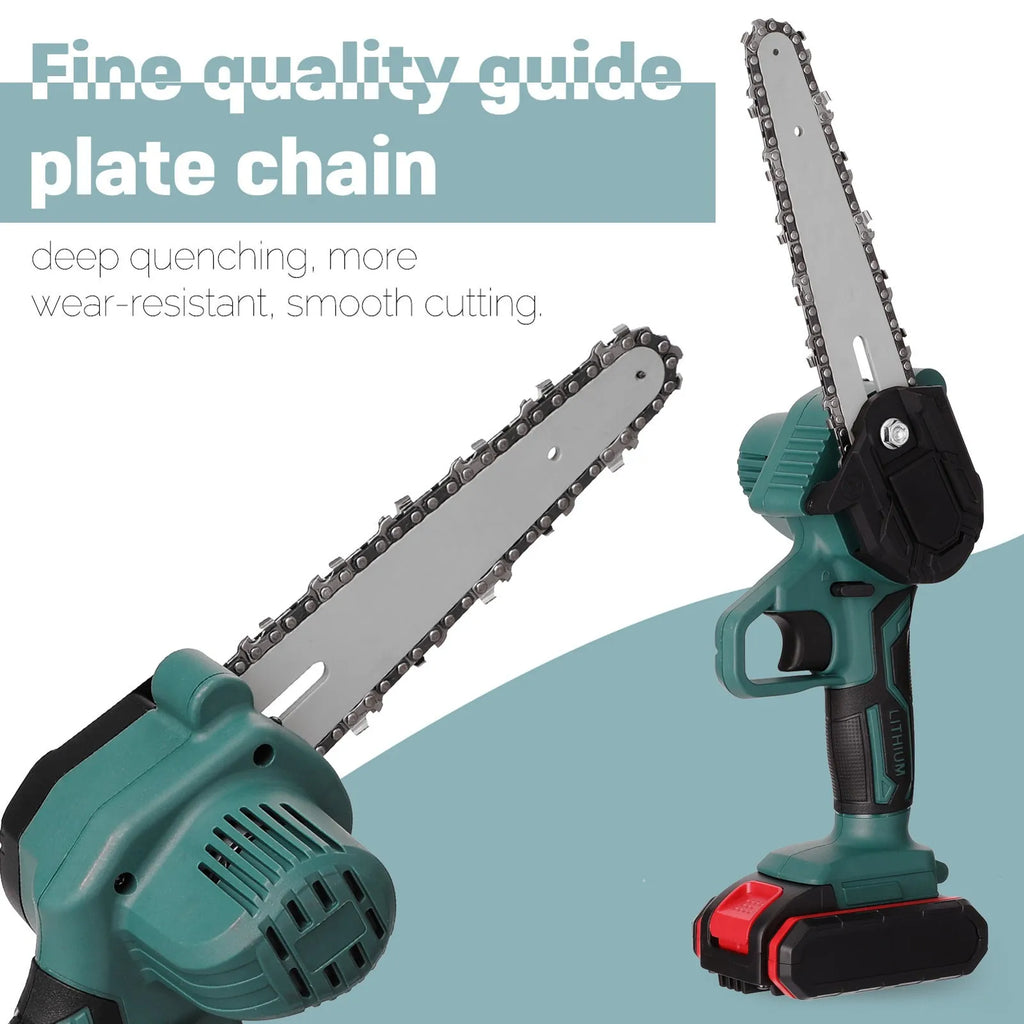 Black one-hand mini electric chainsaw with 4-inch guide bar on a workbench.