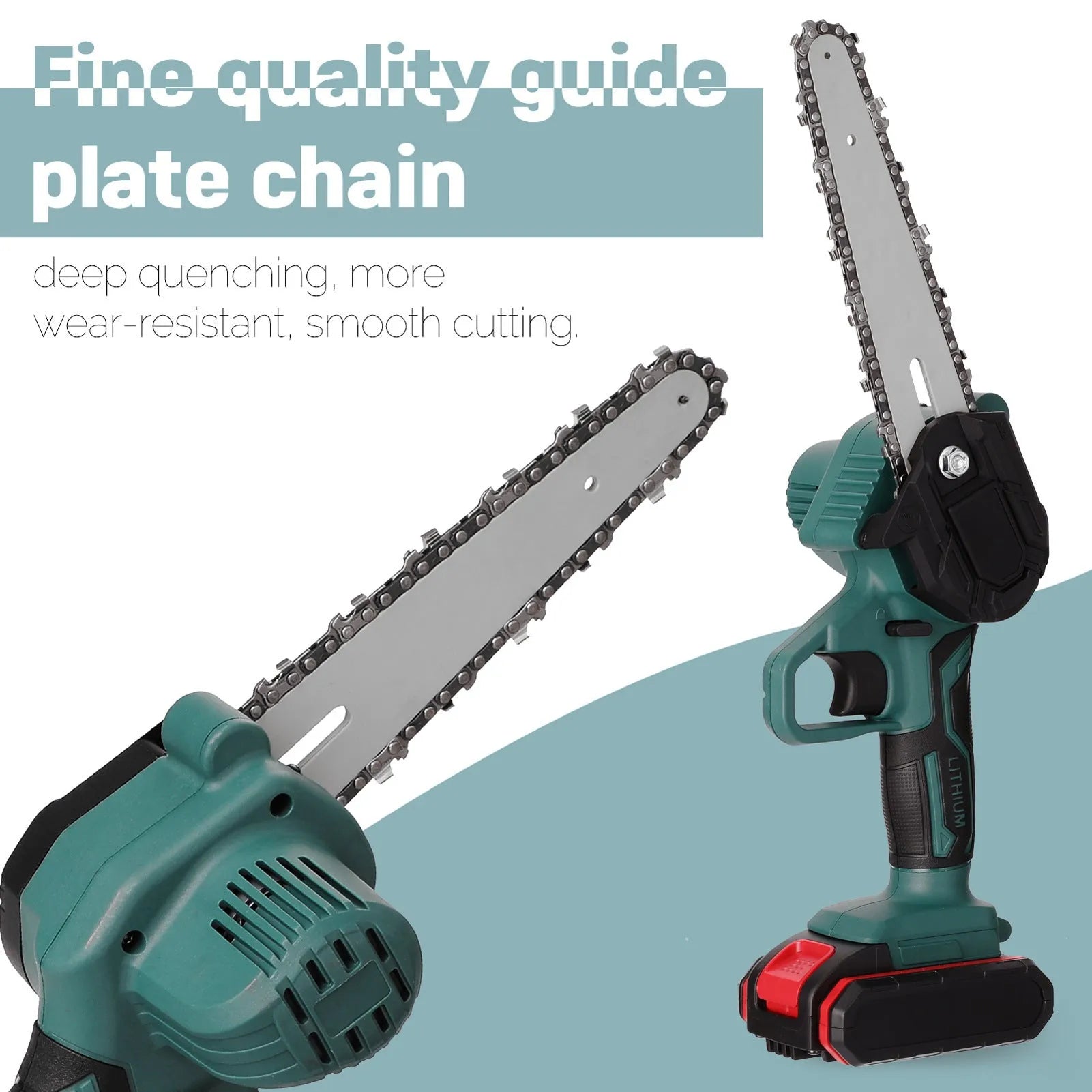 Black one-hand mini electric chainsaw with 4-inch guide bar on a workbench.