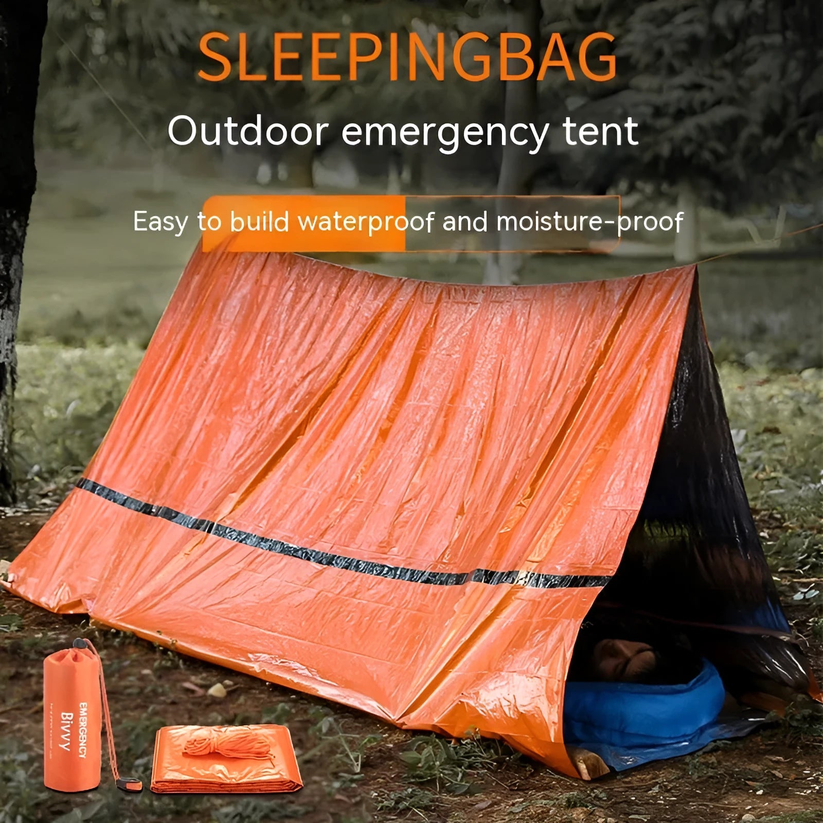 Orange emergency survival tent with sleeping bag and blanket for disaster relief