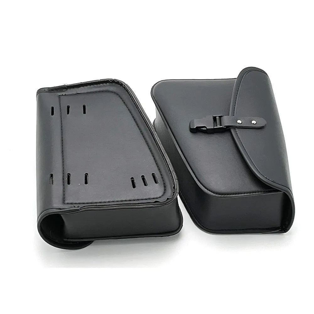 Black PU leather motorcycle swingarm saddlebag mounted on Harley Sportster
