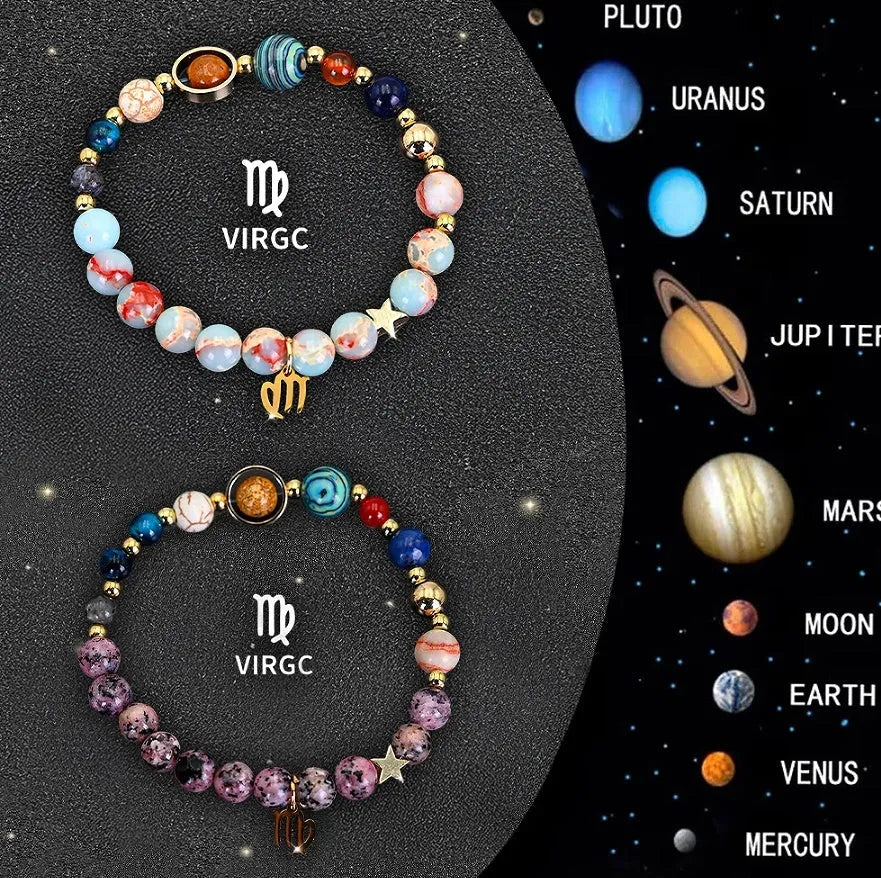 Two natural stone beaded bracelets featuring twelve zodiac sign symbols for astrology lovers.