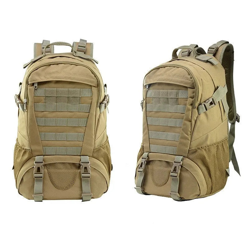 Outdoor mountaineering backpack in Oxford cloth with air pillow belt system shown in camouflage colour