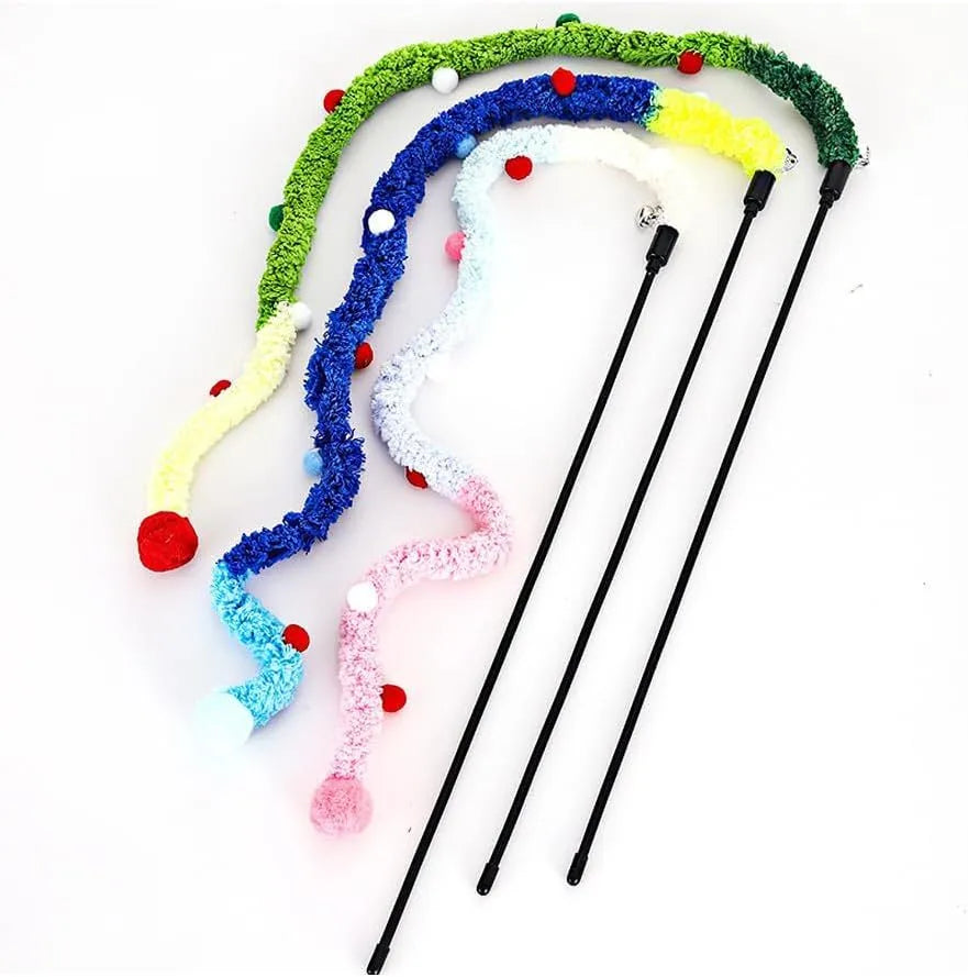 Colourful plush strip cat wand toy with jingle bells on a 41cm long pole