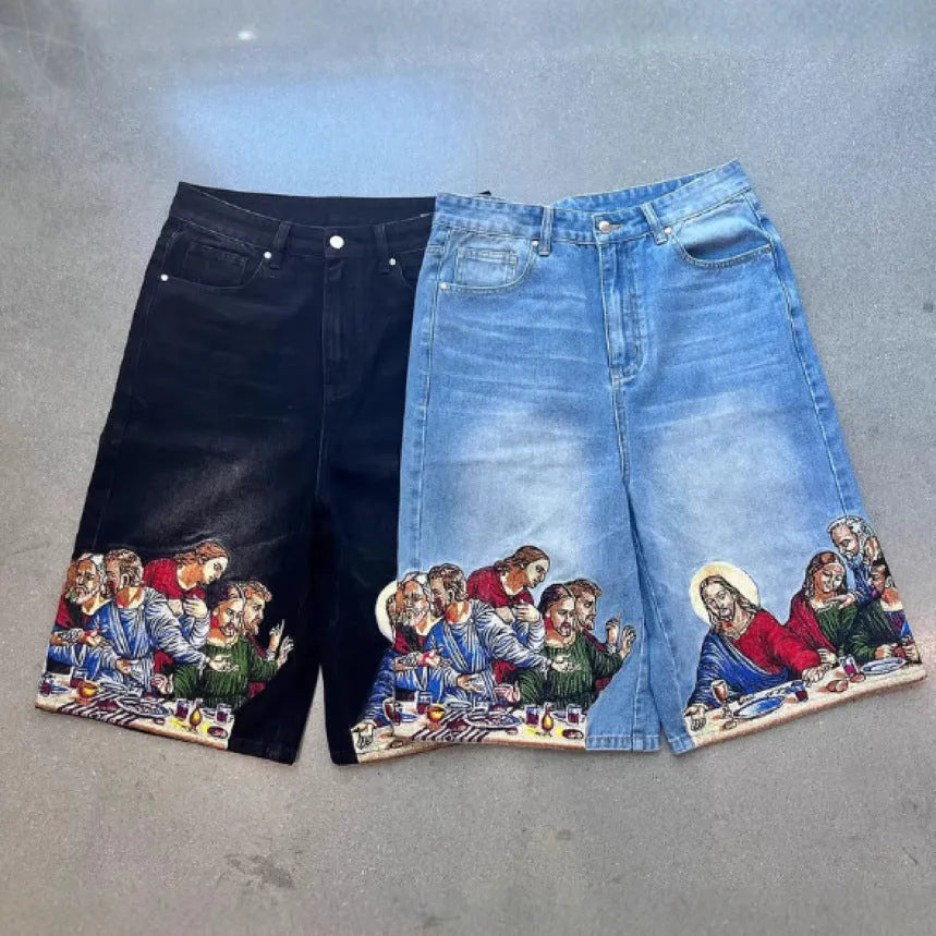 Men's cotton tapered shorts with Jesus printed back pocket detail in blue or black