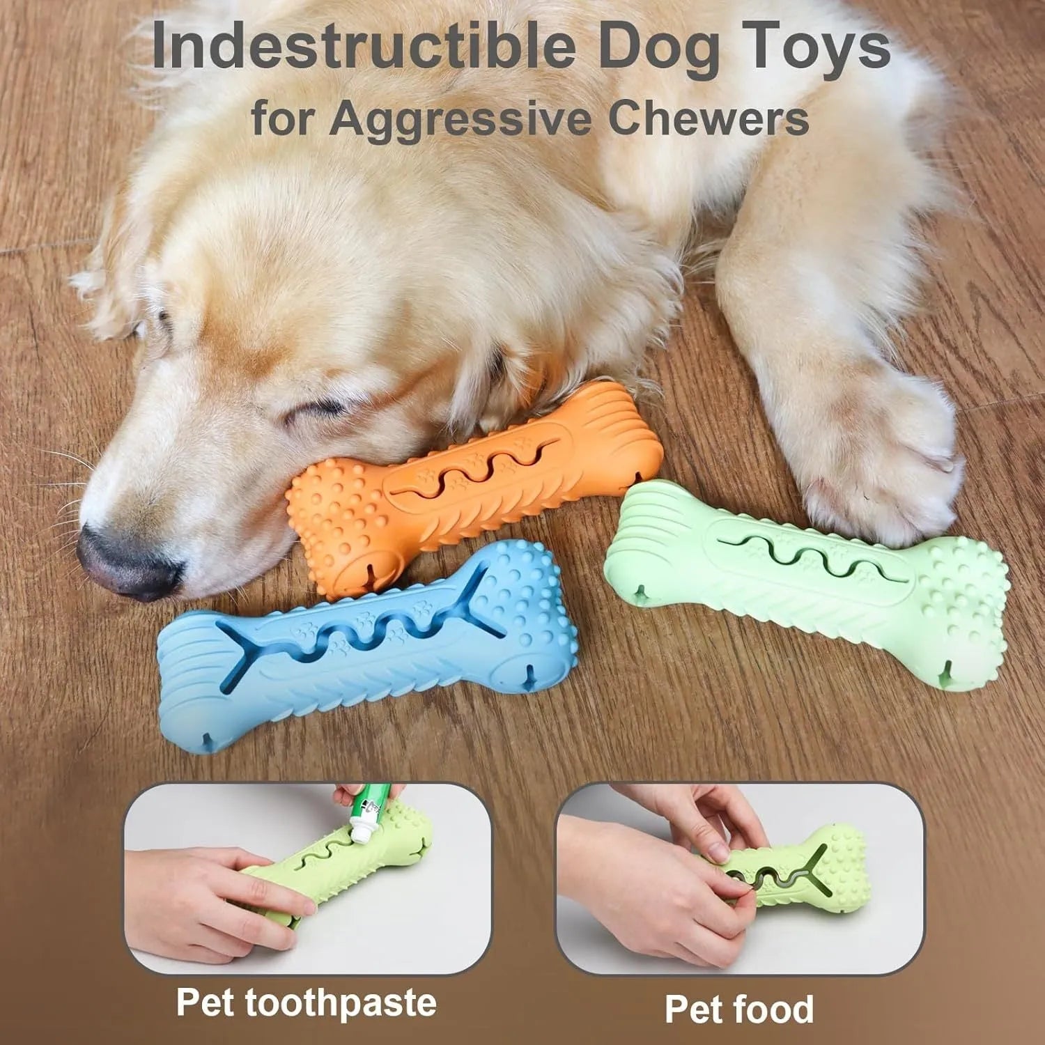 Natural rubber bone-shaped dog chew toy in blue, green, and orange colours