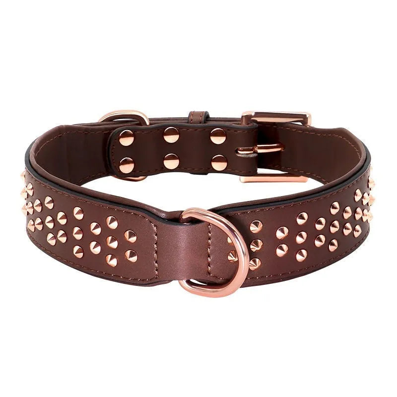 Leather dog collar with metal rivets in chocolate brown, shown in size L