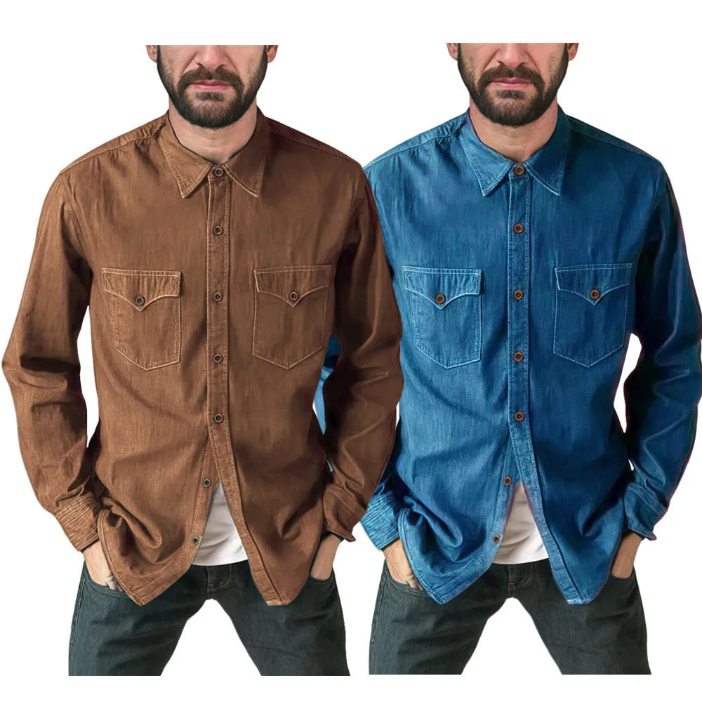 Man's khaki cotton denim cardigan coat open front, regular fit, casual style.