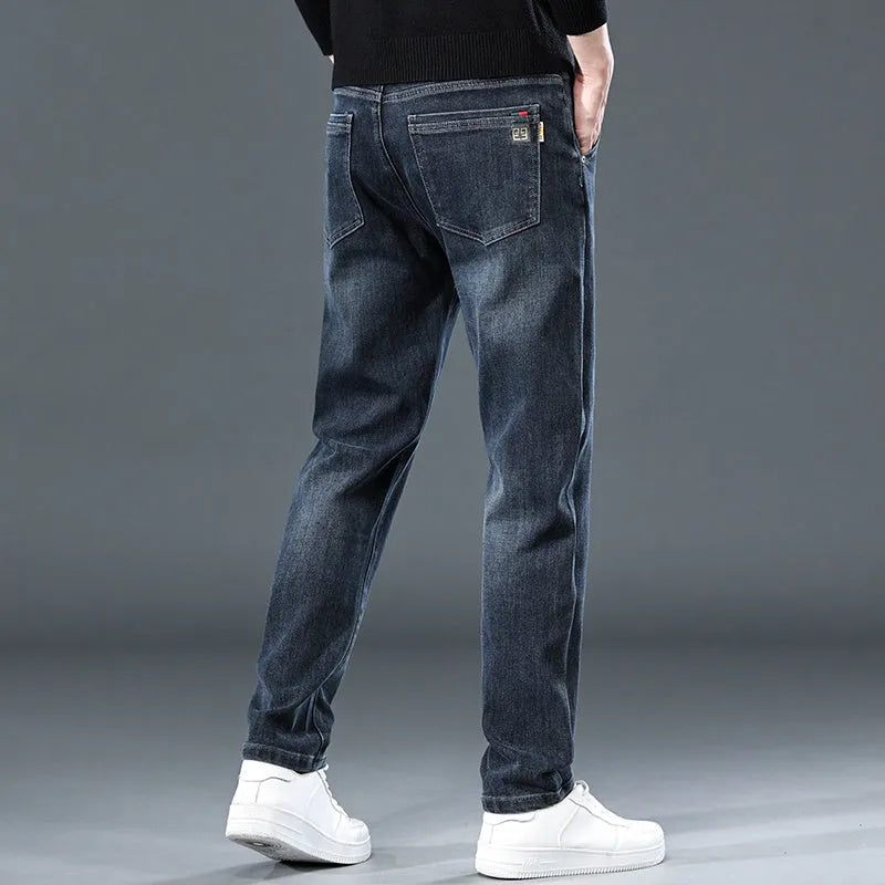 Men's slim straight casual trousers in micro-elastic polyester fabric, mid-waist design with zip fly