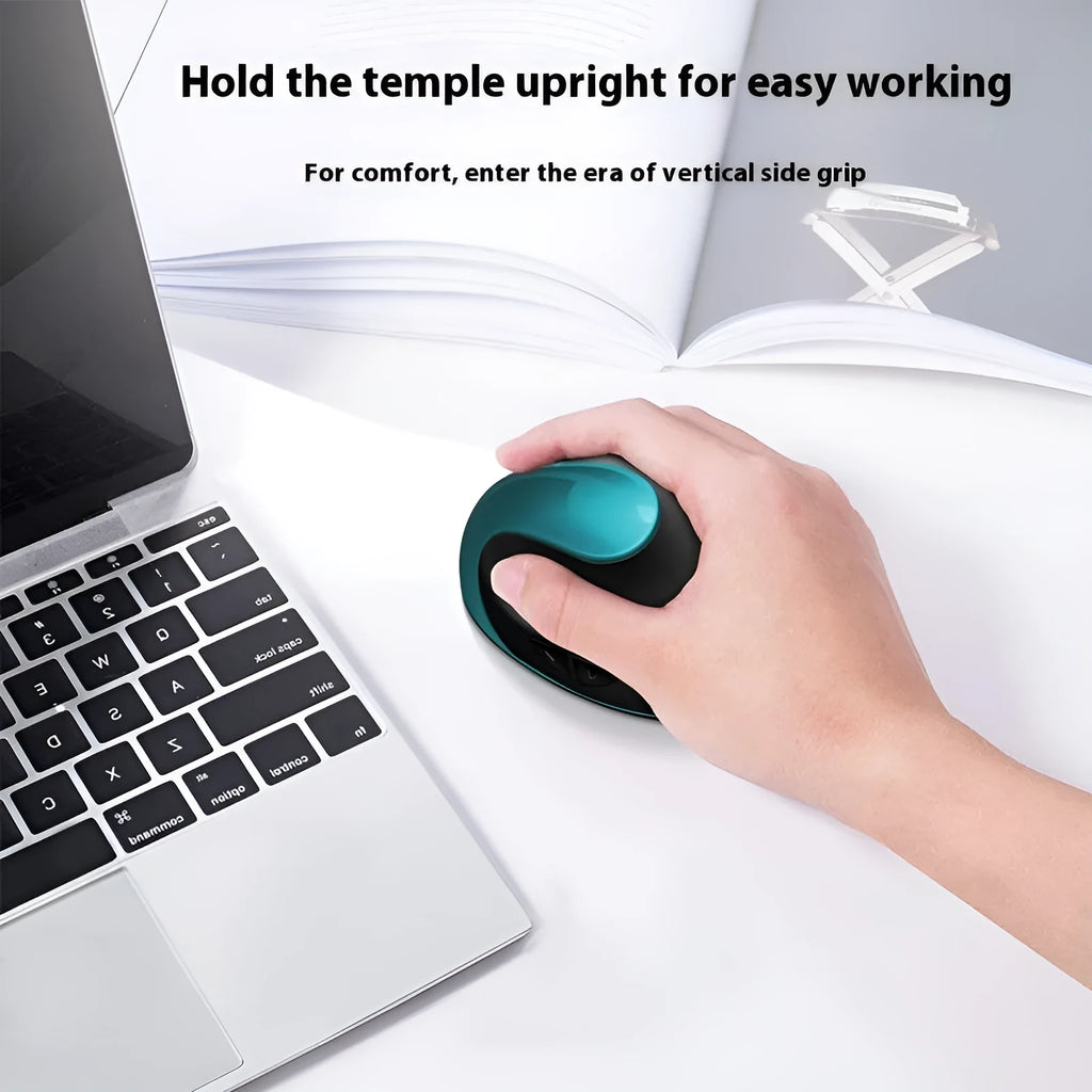 Three Generations wireless vertical ergonomic mouse in black, shown next to a laptop.