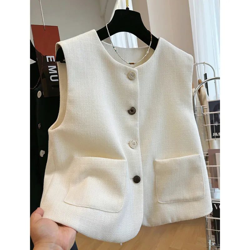 French style round neck bandage vest for women in polyester fabric, available in milky white or black