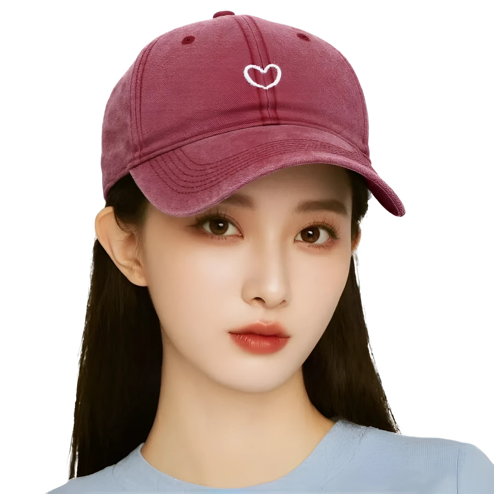 Soft cotton baseball cap with an embroidered red love heart on the front, shown in adjustable size.
