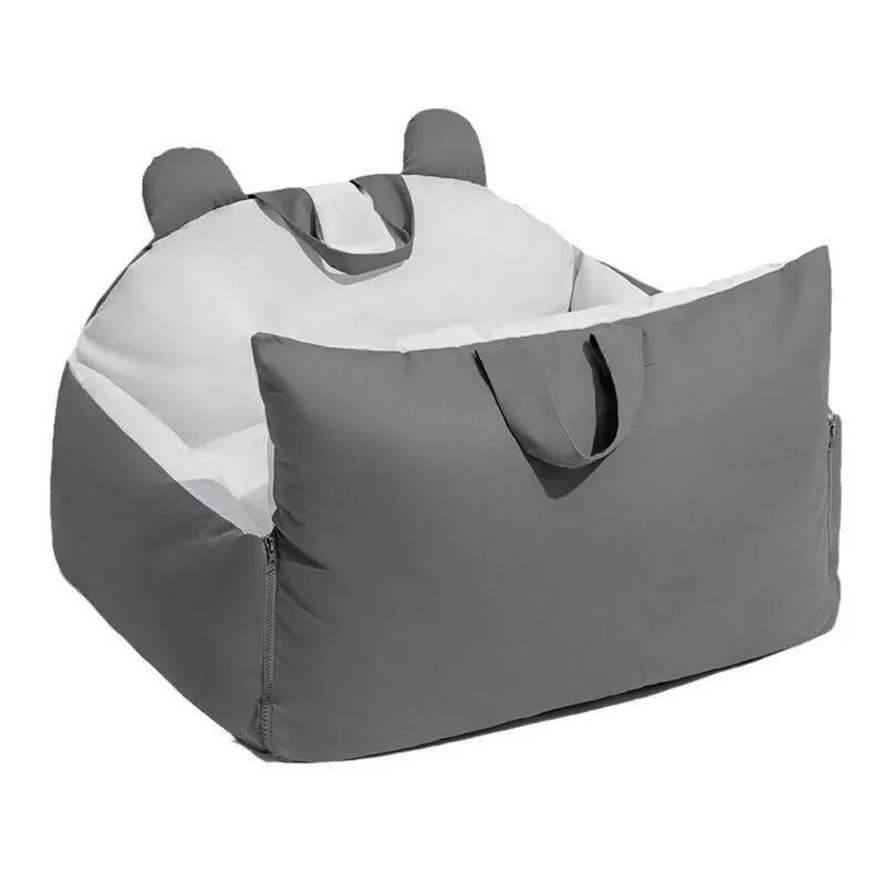 Removable washable dog car kennel in beige colour, shown in a vehicle boot with size dimensions labelled.