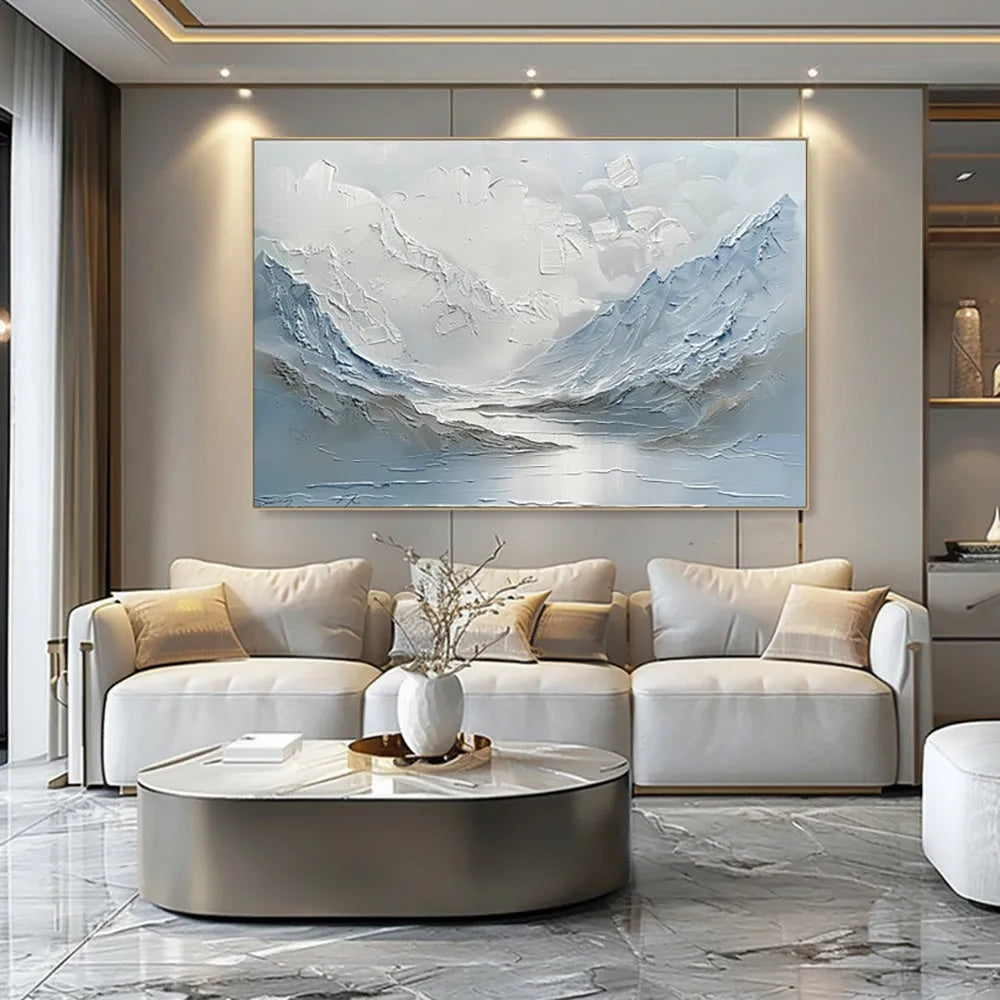 Handpainted light blue and white mountain lake scenery thick canvas oil painting vertical modern unframed wall art