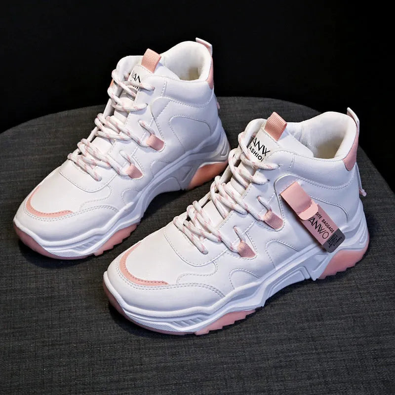 Women's high top white sneakers with PU upper, rubber sole, lace-up fastening on a plain background