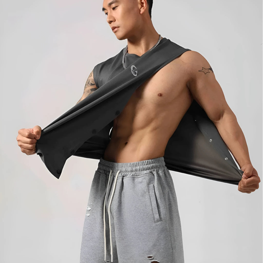 Men's black Korean style loose cotton fitness vest showing side hidden hook closure.