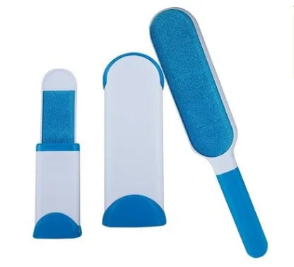 Blue reusable pet hair removal comb with double-sided flannel brush and self-cleaning base for sofas.