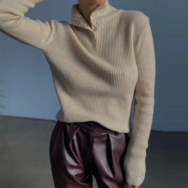 Retro breasted half turtleneck women's pullover sweater in slim fit with single-breasted placket closure