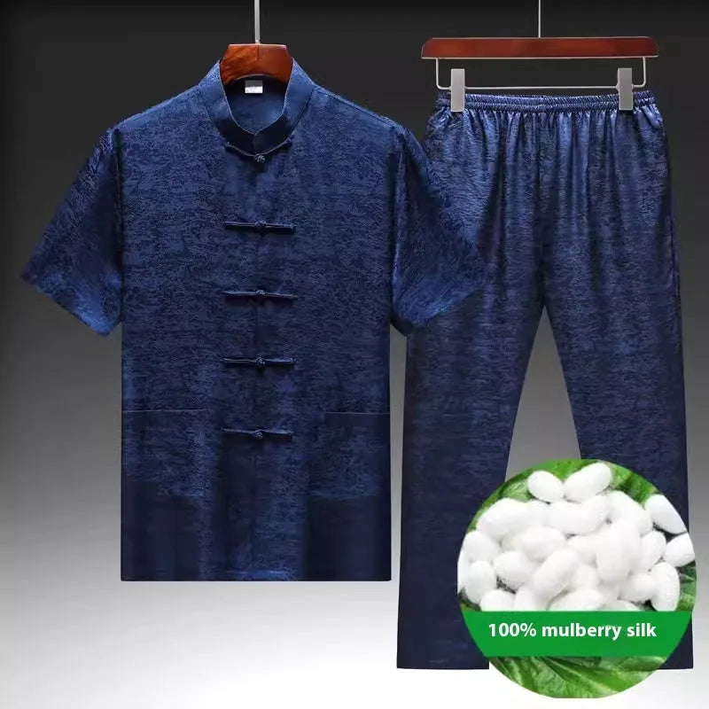 Men's traditional Chinese Tang suit in mulberry silk fabric with mandarin collar jacket and matching trousers