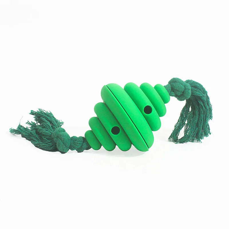 Green and yellow dog ball with knotted rope toy for large breed interactive play and treat dispensing