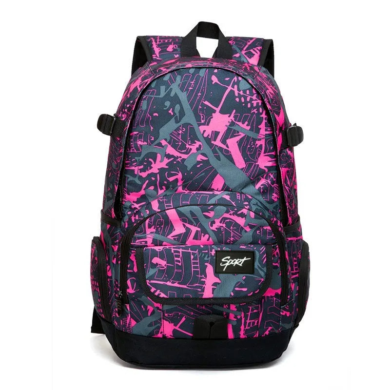 Blue and red classic nylon backpack with large main compartment and front pockets