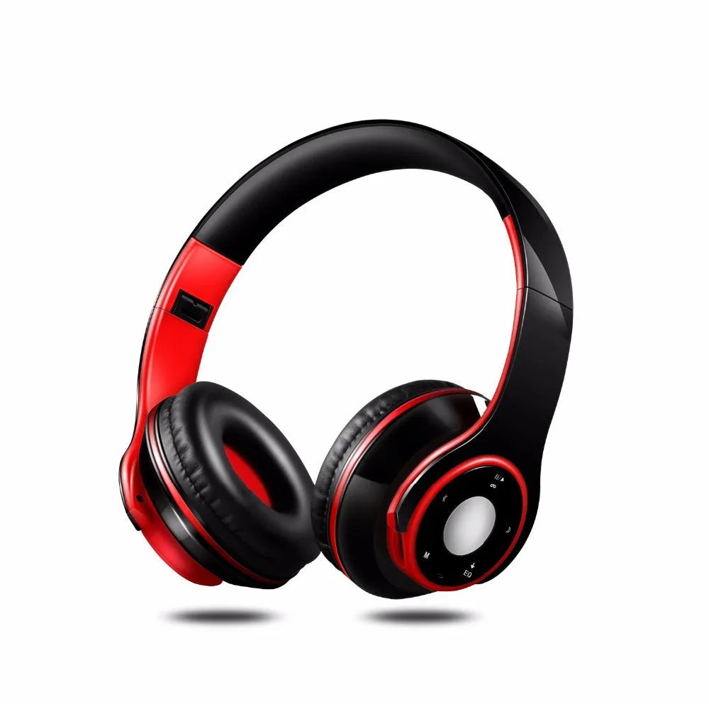 Blue, red, and rose red foldable wireless Bluetooth headset with adjustable hinges and MP3 support