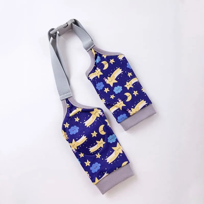 Blue dog knee protector wrap with thick elbow padding and adjustable plastic buckle, shown with coordinating scarf