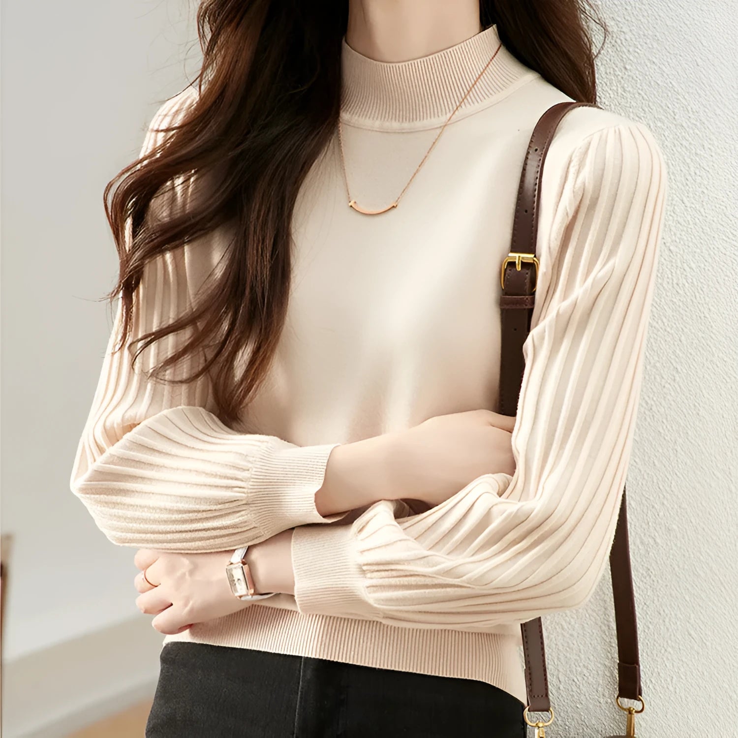 Slim fit half turtleneck bottoming shirt in core-spun yarn with spandex, showing sunken stripe design