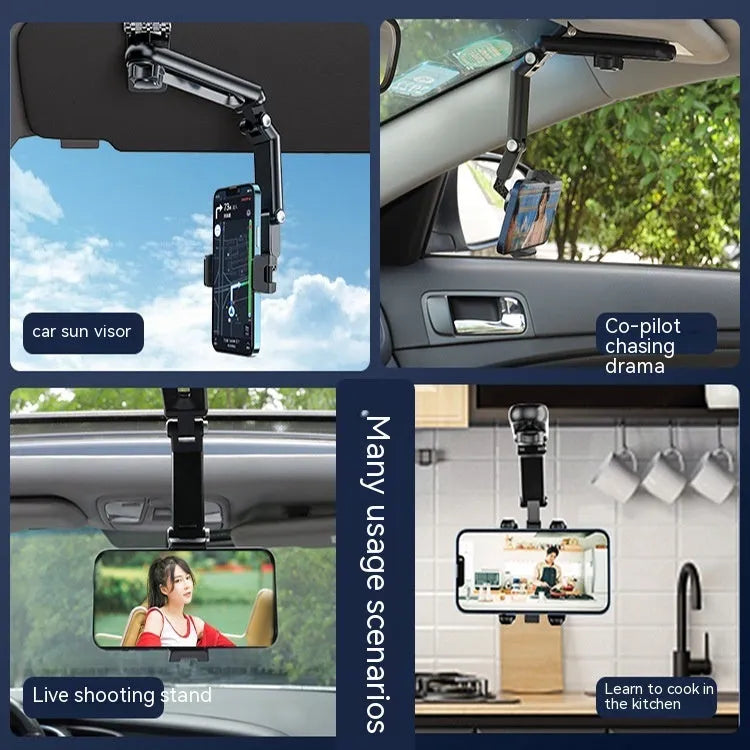 Car mobile phone bracket with clip-on dashboard mounting in black and green colour combination