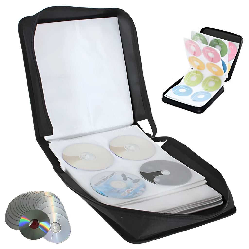 Black Oxford fabric CD DVD storage binder organiser with a hand strap and zipper, showing its capacity for hundreds of discs.