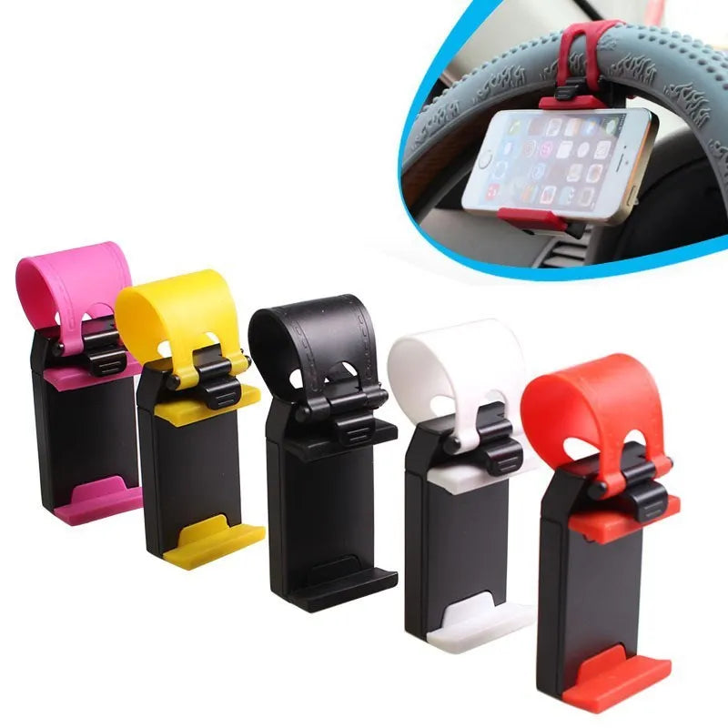 Black steering wheel phone clip mount holding smartphone for car navigation