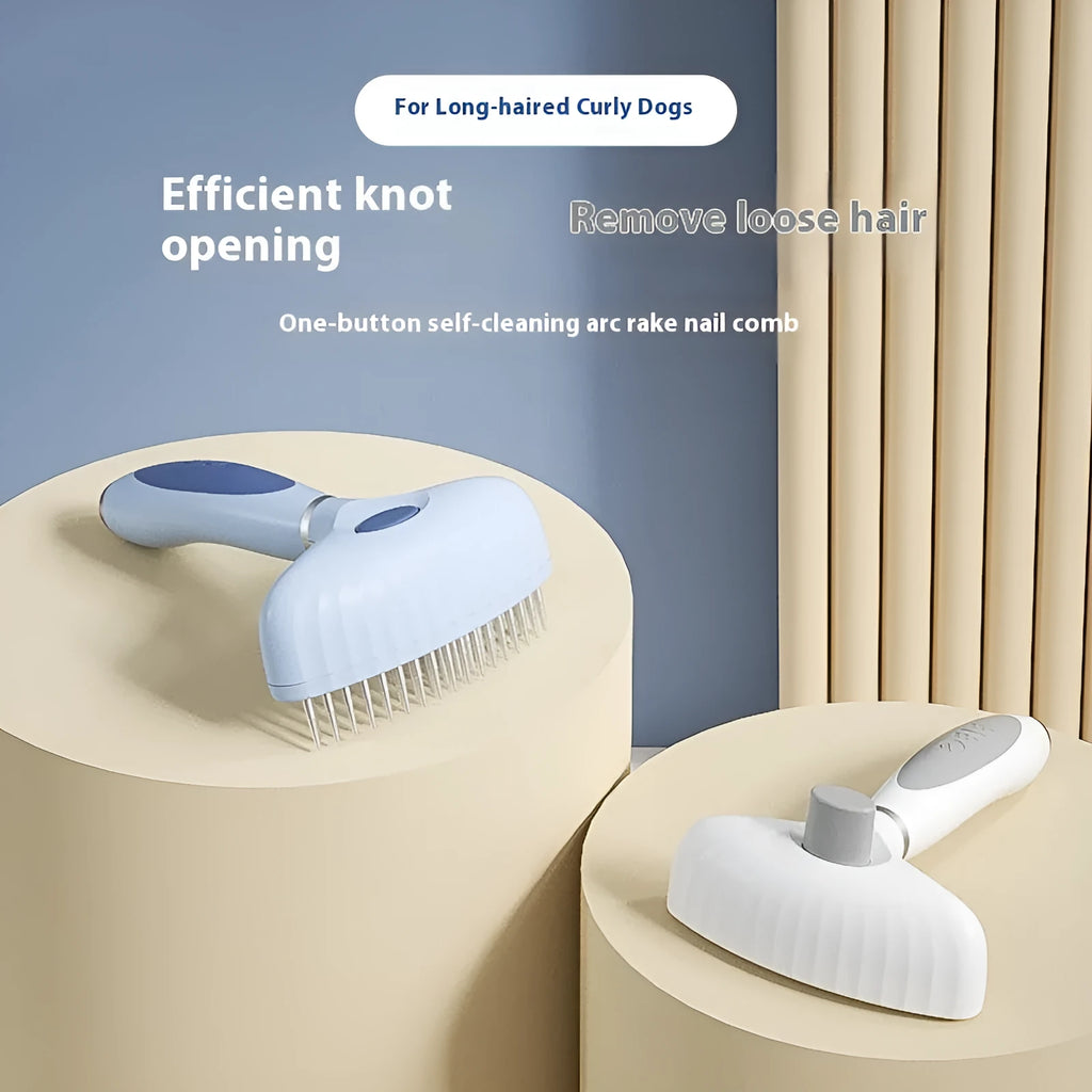 Azure light blue stainless steel double-row pet grooming comb for dogs on white background