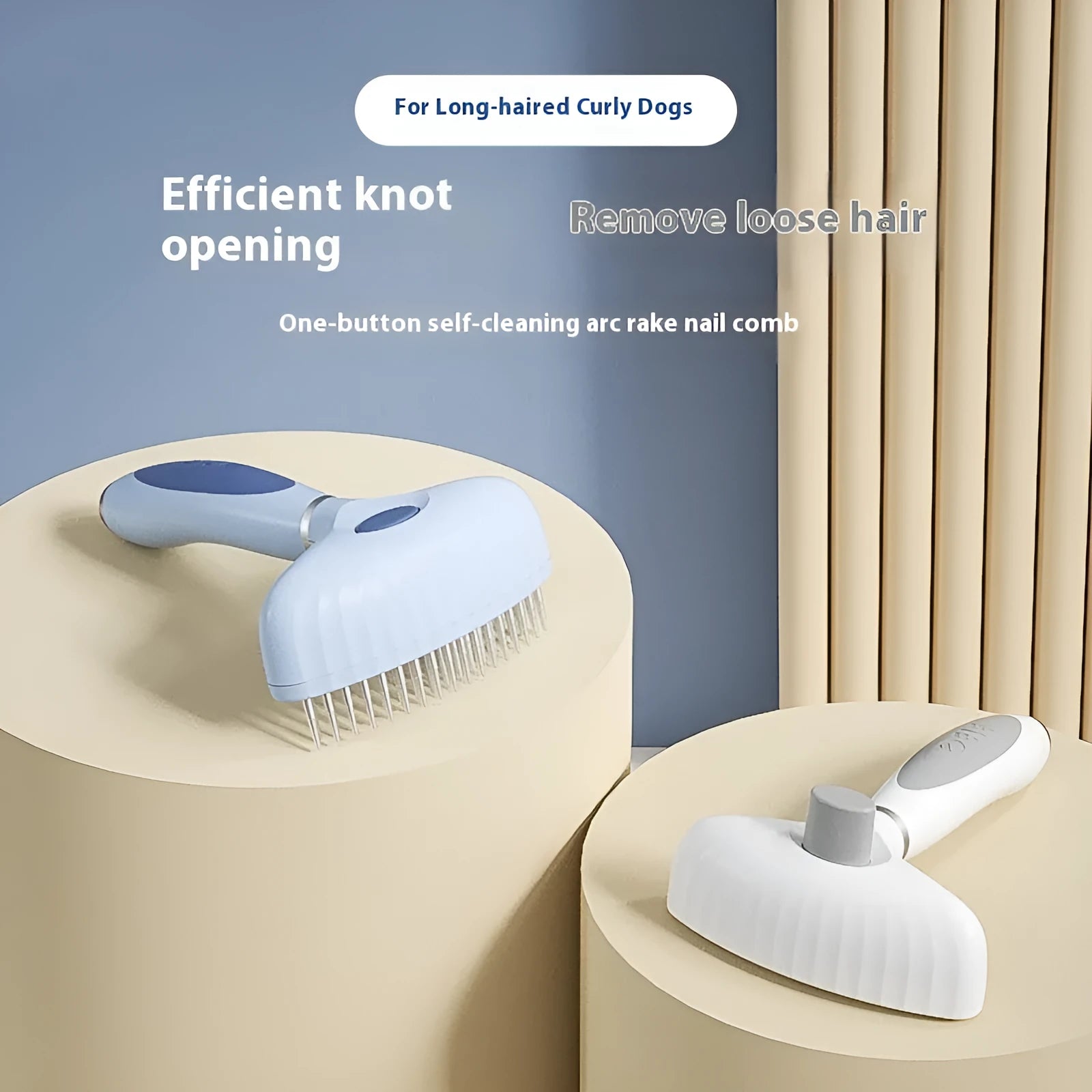 Azure light blue stainless steel double-row pet grooming comb for dogs on white background