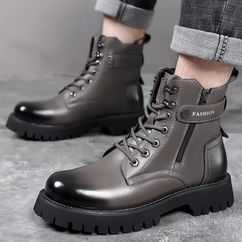 Men's light brown high-top Martin boots with side zipper and thick rubber sole