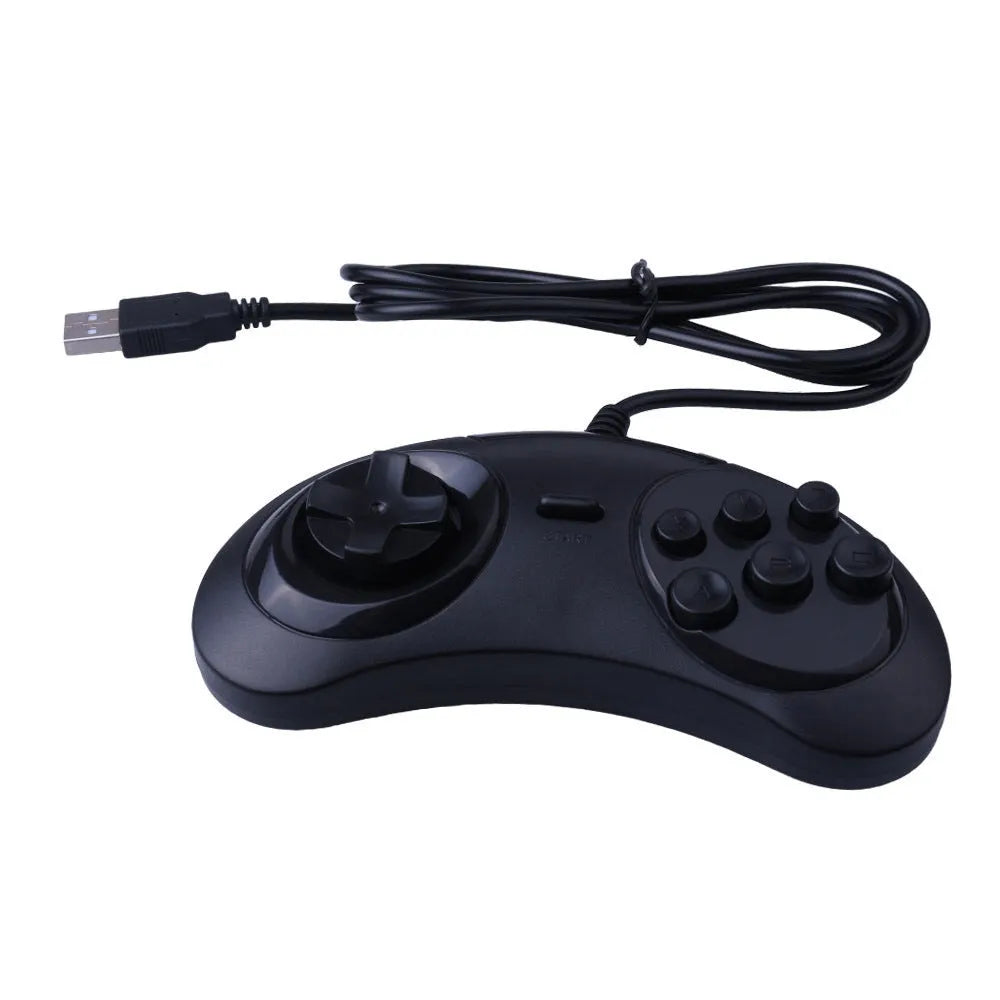 Black Sega USB wired PC game controller with long cable on a grey background.