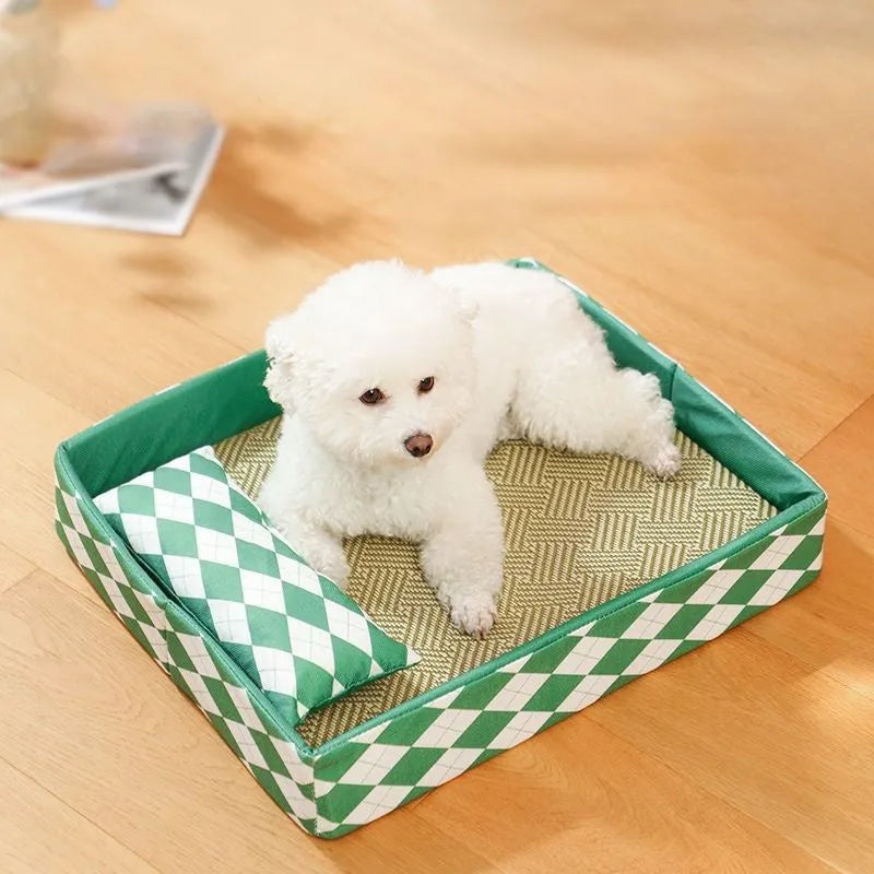 Blue woven rattan cat litter mat and bed showing texture and size scale