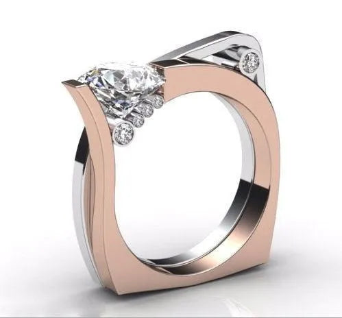 Rose gold electroplated couple rings with geometric design and zircon stones in women's sizes 6-10