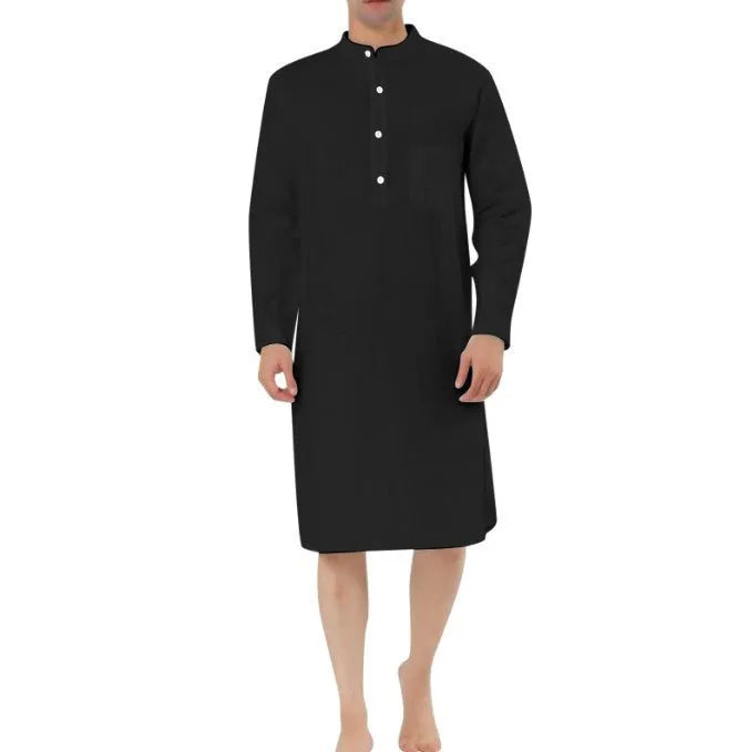 Men's button-front shirt robe in a cotton blend fabric with two front pockets