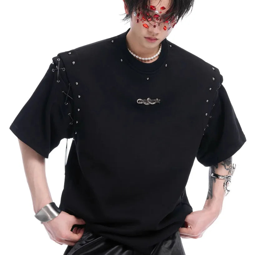 Black short sleeve T-shirt with a side cutout and white lace-up fastening detail.