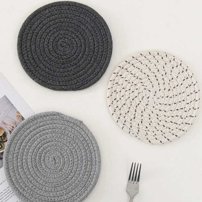 Three round cotton cord coasters in modern simplicity design with 18cm diameter