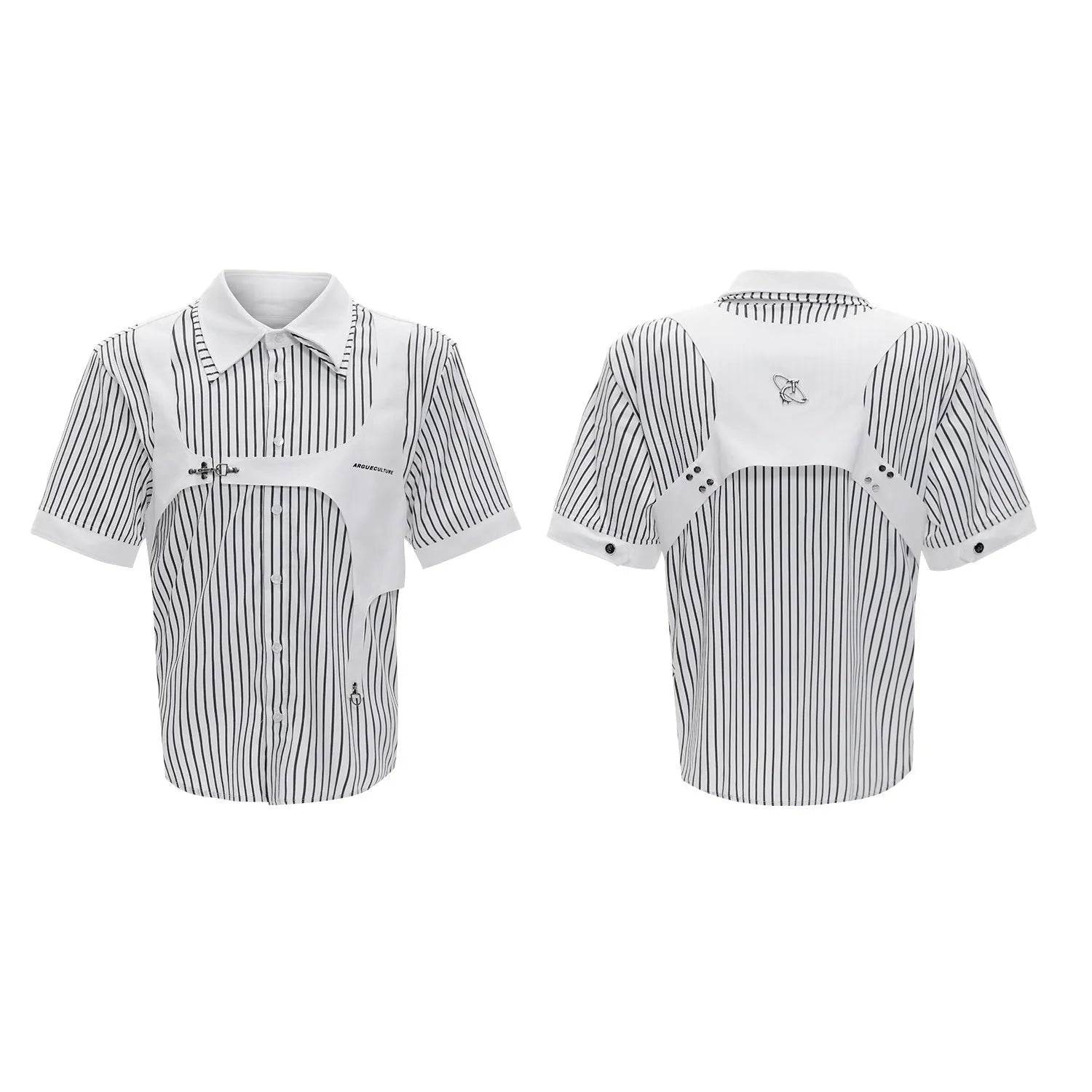 Men's silver sapporo striped cotton shirt with double collar lapel design and short sleeves