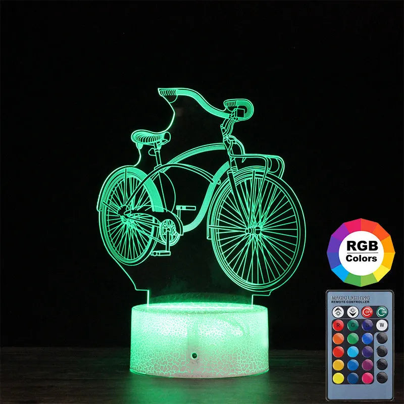 Bicycle series 3D night light with colourful LED glow on black base against dark background