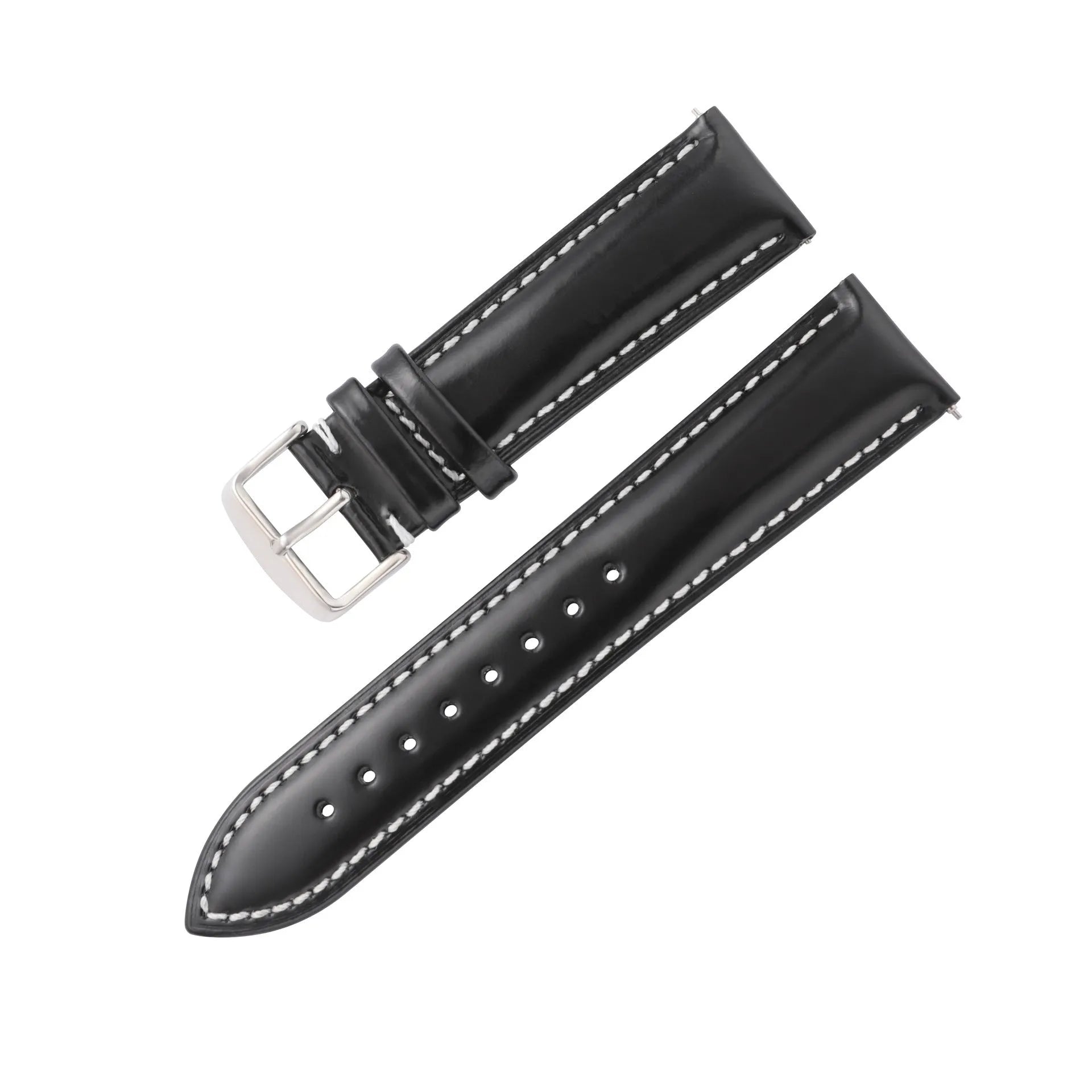 Quick release cowhide leather watch strap in black and white line colour on a watch.