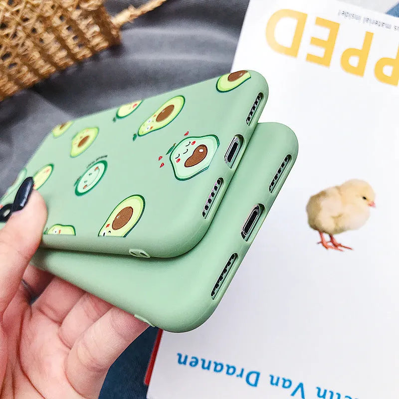 Flexible TPU phone case with colourful painted cartoon avocado design for iPhone.
