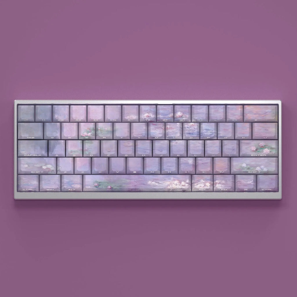 Sleeping lotus themed PBT keycap set with side-carved transparent characters for mechanical keyboards