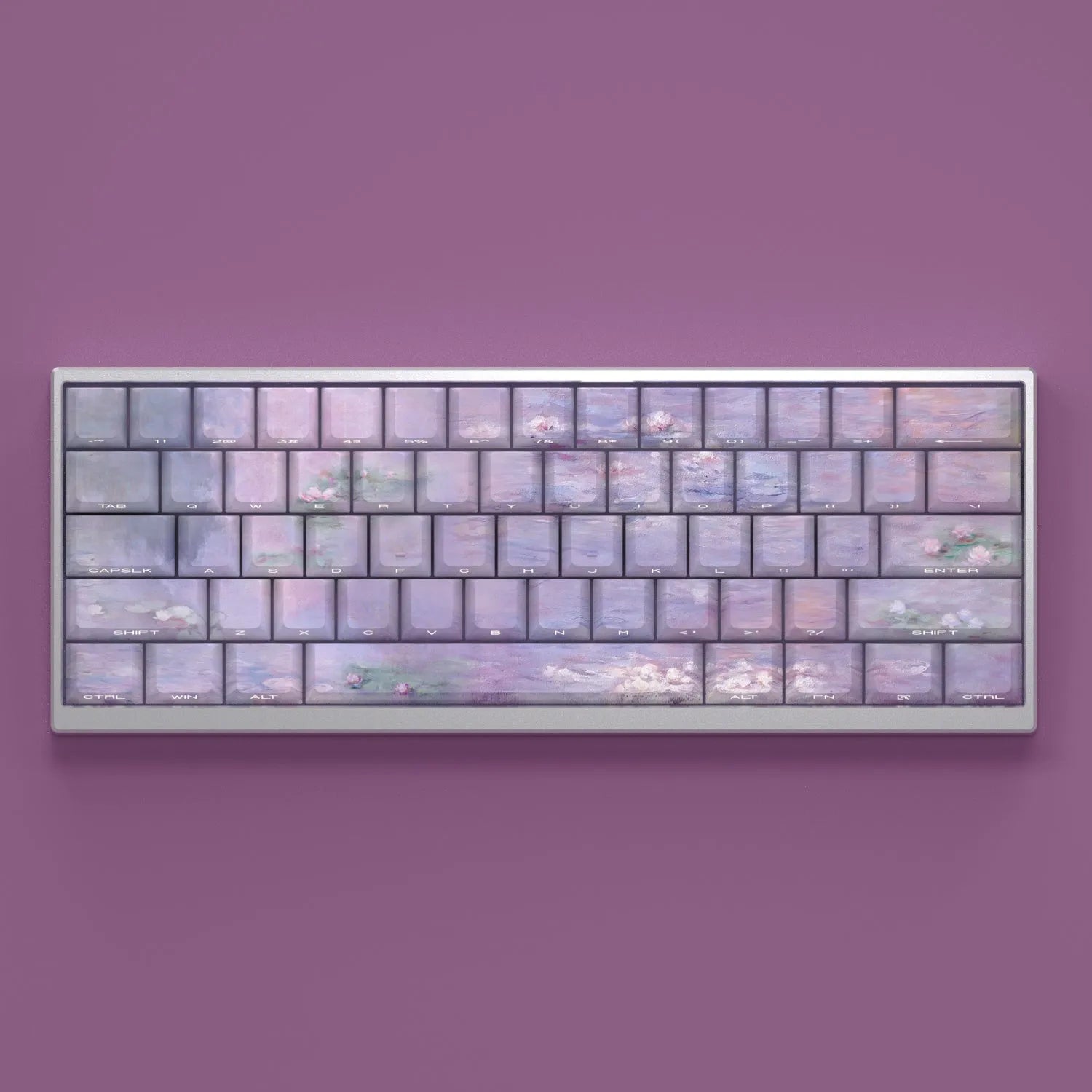 Sleeping lotus themed PBT keycap set with side-carved transparent characters for mechanical keyboards