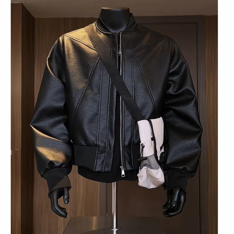 Men's black PU leather jacket with litchi texture and extended 100cm length