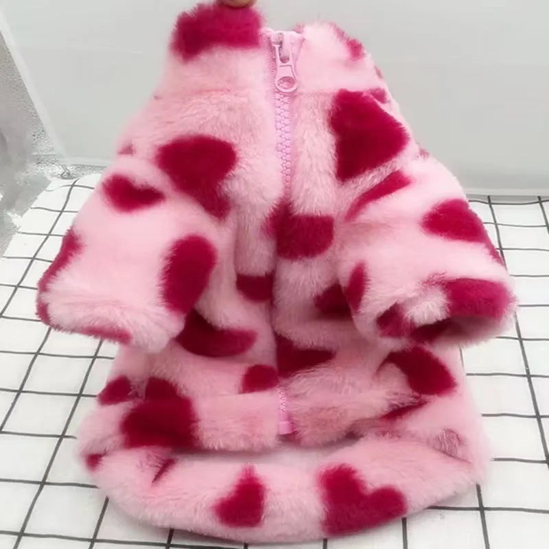 Small dog wearing pink polyester plush warm coat, suitable for Teddy, Bichon and Pomeranian breeds