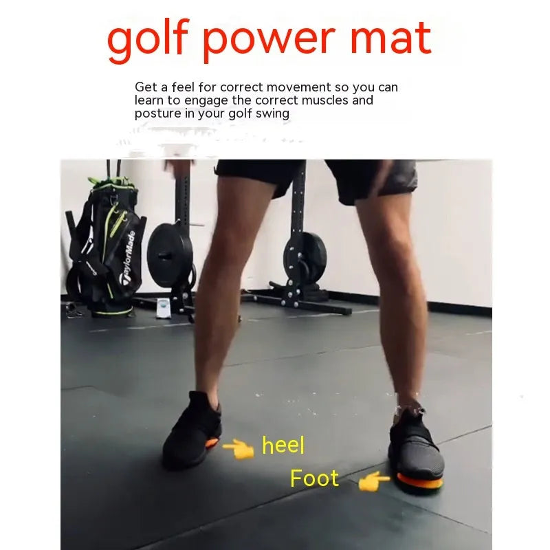 Orange natural rubber golf centre of gravity training mat on practice surface